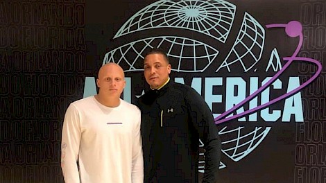 Landon with his dad, Larry Jackson at the Under Amour All American Future 50 Camp in Orlando, Florida.