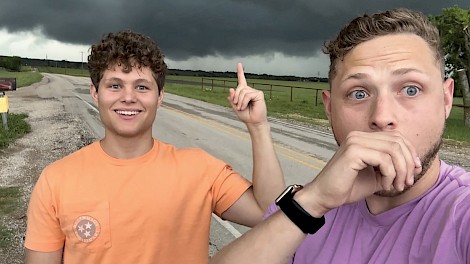 April 2023, in Kemp, Texas—The Peyton brothers standing in front of a storm that ended up producing a tornado that they were inside of later in the chase.