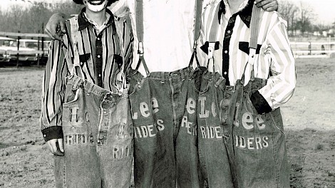 Marilyn Jones, Lecile Harris, and Sissy Smith King clowning at the 1967 All Girls Rodeo in Hot Springs, Arkansas.