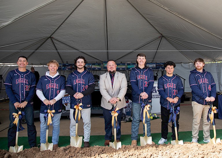 (L-R) Jonathan Rios, Austin Kerns, Gage Mason, Chase Brewster, Conner Owens, Bobby Velasco, and Graydon Martin at the ribbon-cutting ceremony for TAMUT’s new athletic complex. photo by Camry Dillie with TAMUT