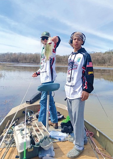 James Crain and Jaylon Blackwell—members of the Liberty-Eylau Fishing team, find a honey hole on Wright Patman Lake. Photo courtesy of LEISD