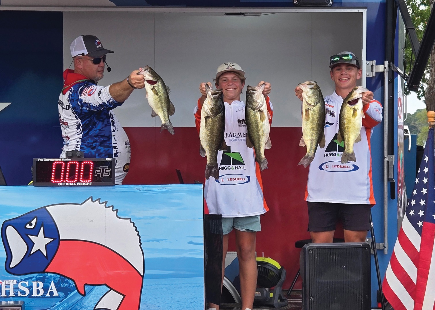 Denver Dennard and Ethan Jones were named 2025 Anglers of the Year in the THSBA Northeast Division.  (below) Zach Fulmer and Eli Driver show off their catches from Lake O’ the Pines. Photo courtesy of TISD