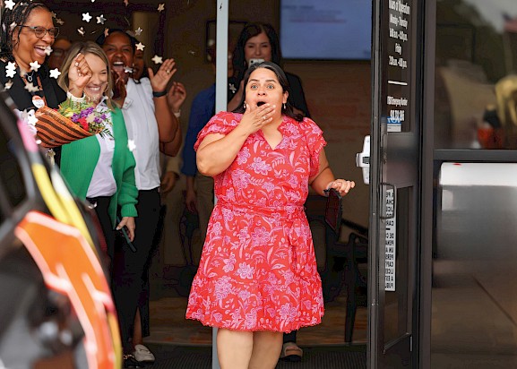 TISD Teacher of the Year Gaby Valle reacts with surprise and joy as she’s honored with a new vehicle.