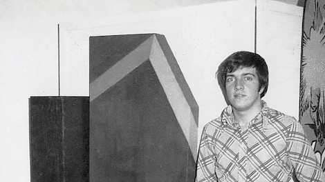 Jay Shinn, age 15, with a shaped canvas painting created while auditing an art class at SAU in 1973. photo courtesy of Jay Shinn