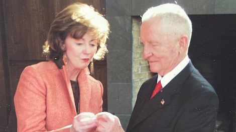Judy Kelley Morgan presents Ross Perot with an Aggie ring in gratitude for his support of Texas A&M University-Texarkana.