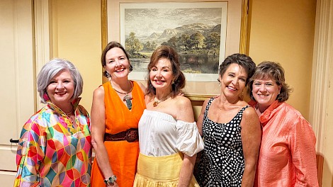 =Dr. Robin Hickerson, Amy Thomas, Judy Morgan, Sonja Hubbard, and Trish Reed gather on August 23, 2025, for the Texas A&M-Texarkana Gourmet Dinner.