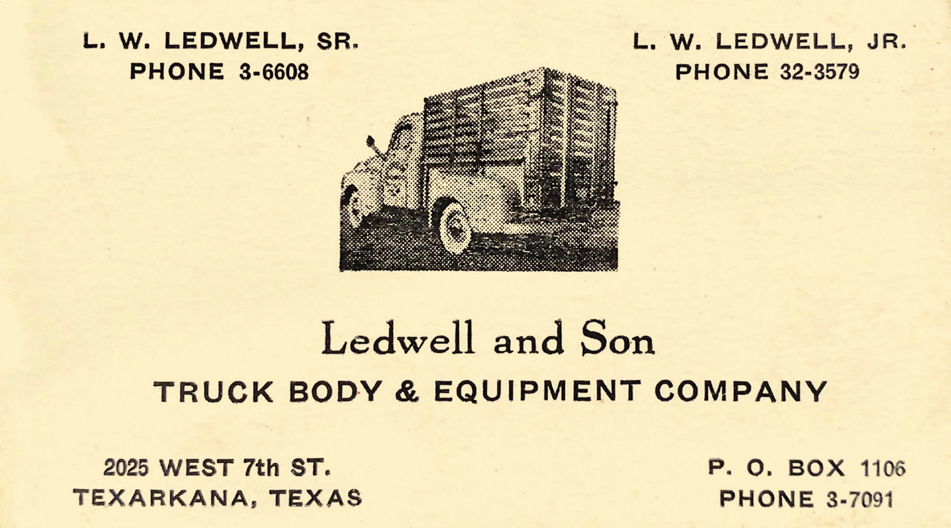 A 1950s business card for Ledwell and Son Truck Body & Equipment Company captures the company’s early years as a family-run operation. 